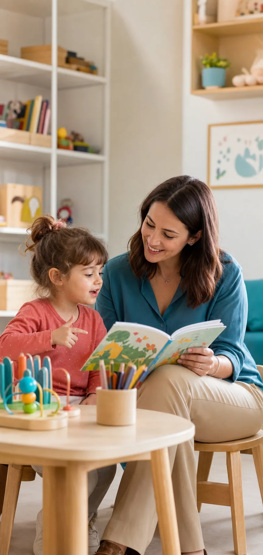 Logopedista che legge un libro illustrato insieme a una bambina