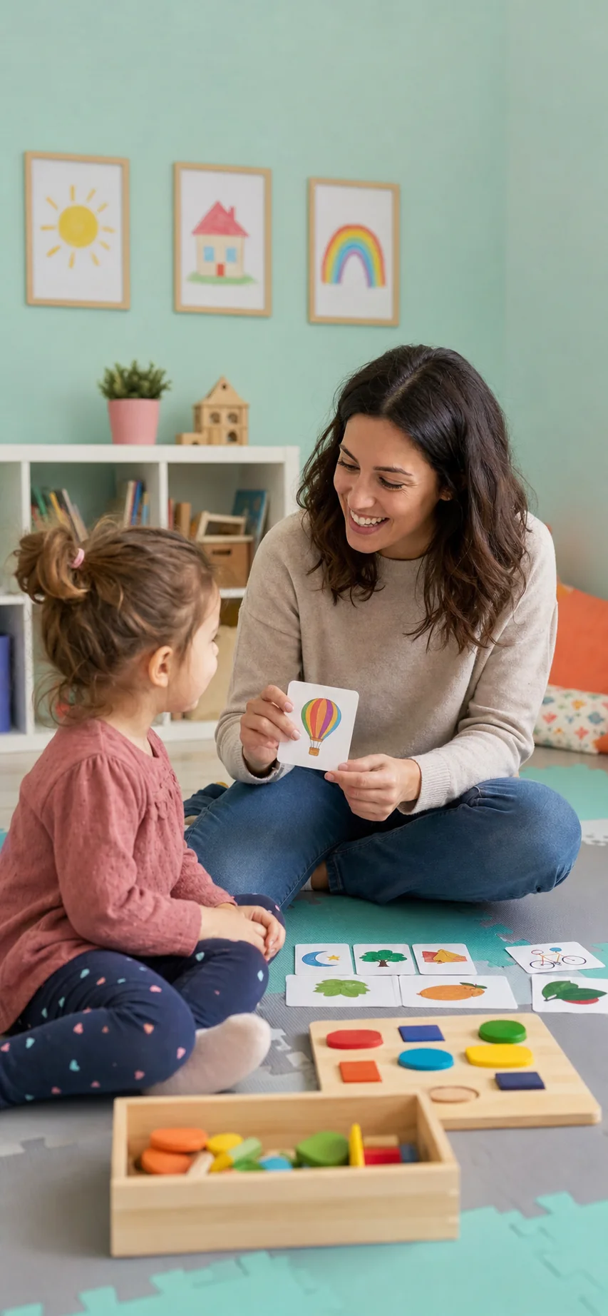 Terapista e bambina durante un'attività con carte illustrate