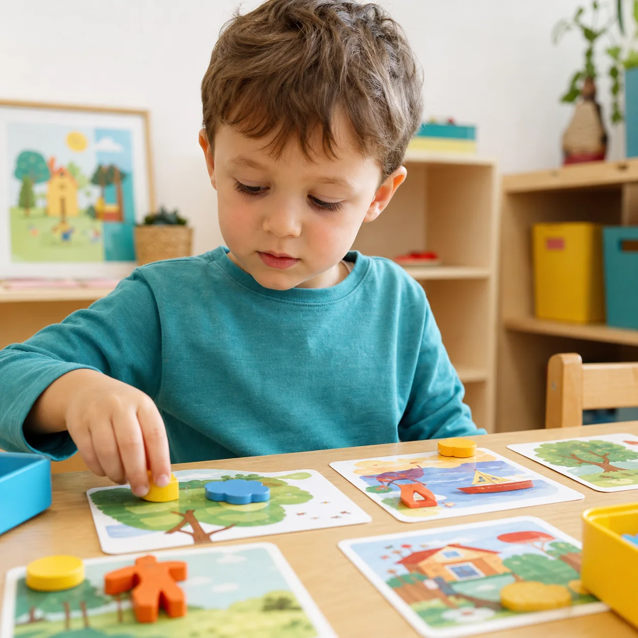 Bambino concentrato in un gioco educativo con forme colorate